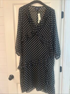 Anthropology Maeve Black and White Semi-Shear Polka Dot V-Neck Midi Dress